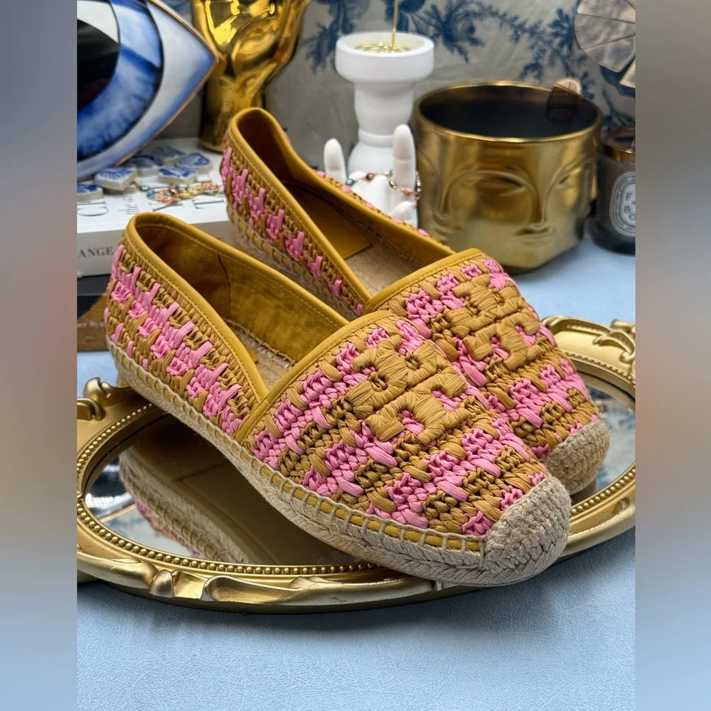 🆕 TORY BURCH 🧿 NWOB Eleanor Crochet Woven Espadrilles, Pink Carnation - Sz 7